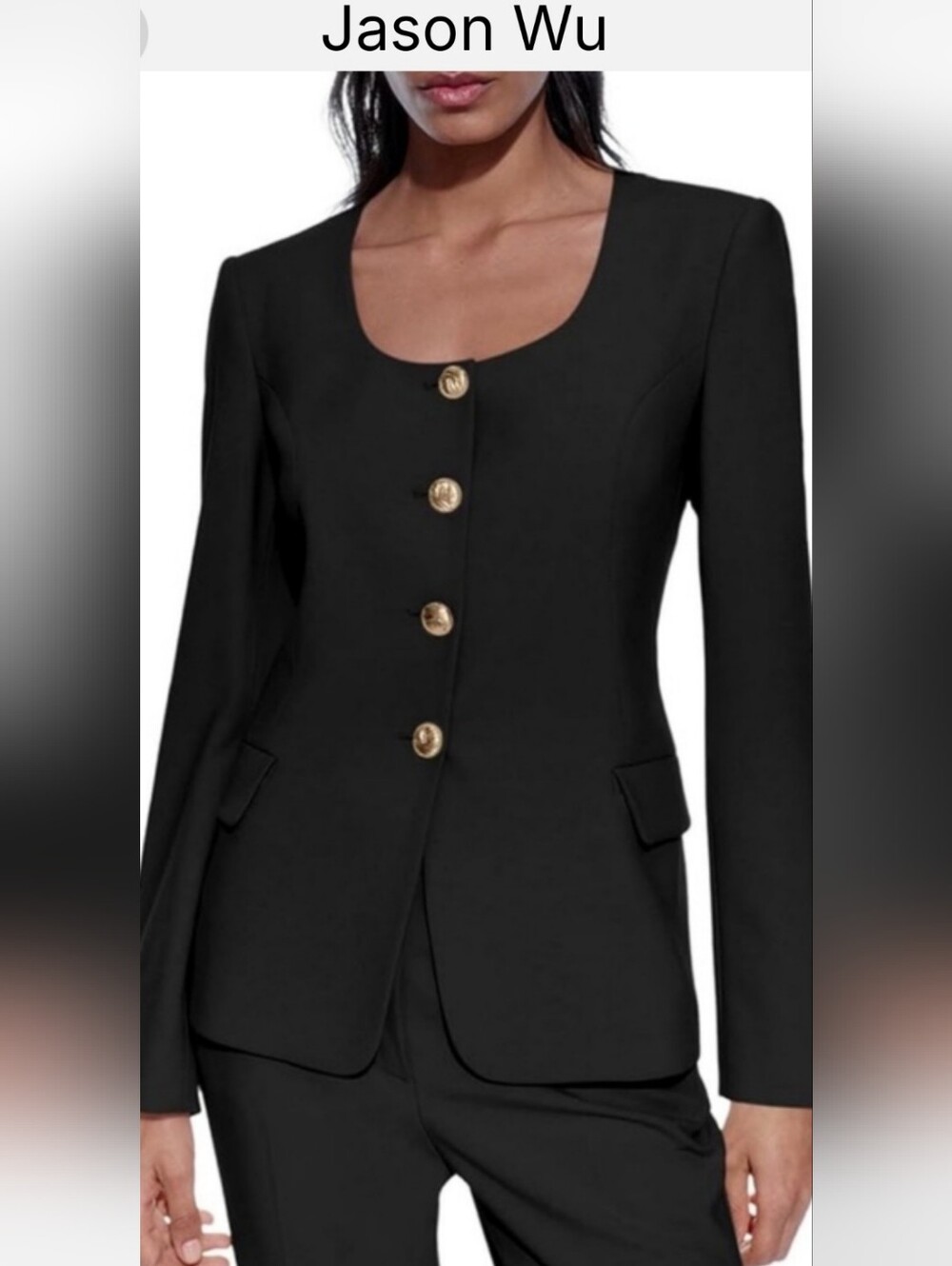 Jason Wu Black Scoop Neck Tailored Blazer with Gold Buttons Sz 10 Like New